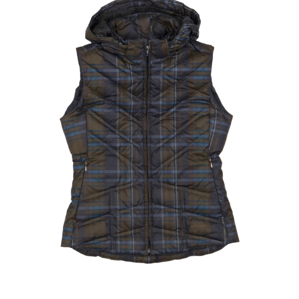 Patagonia Down With It  Hooded Puffer Vest Rosa/Dark Walnut Plaid Size Small